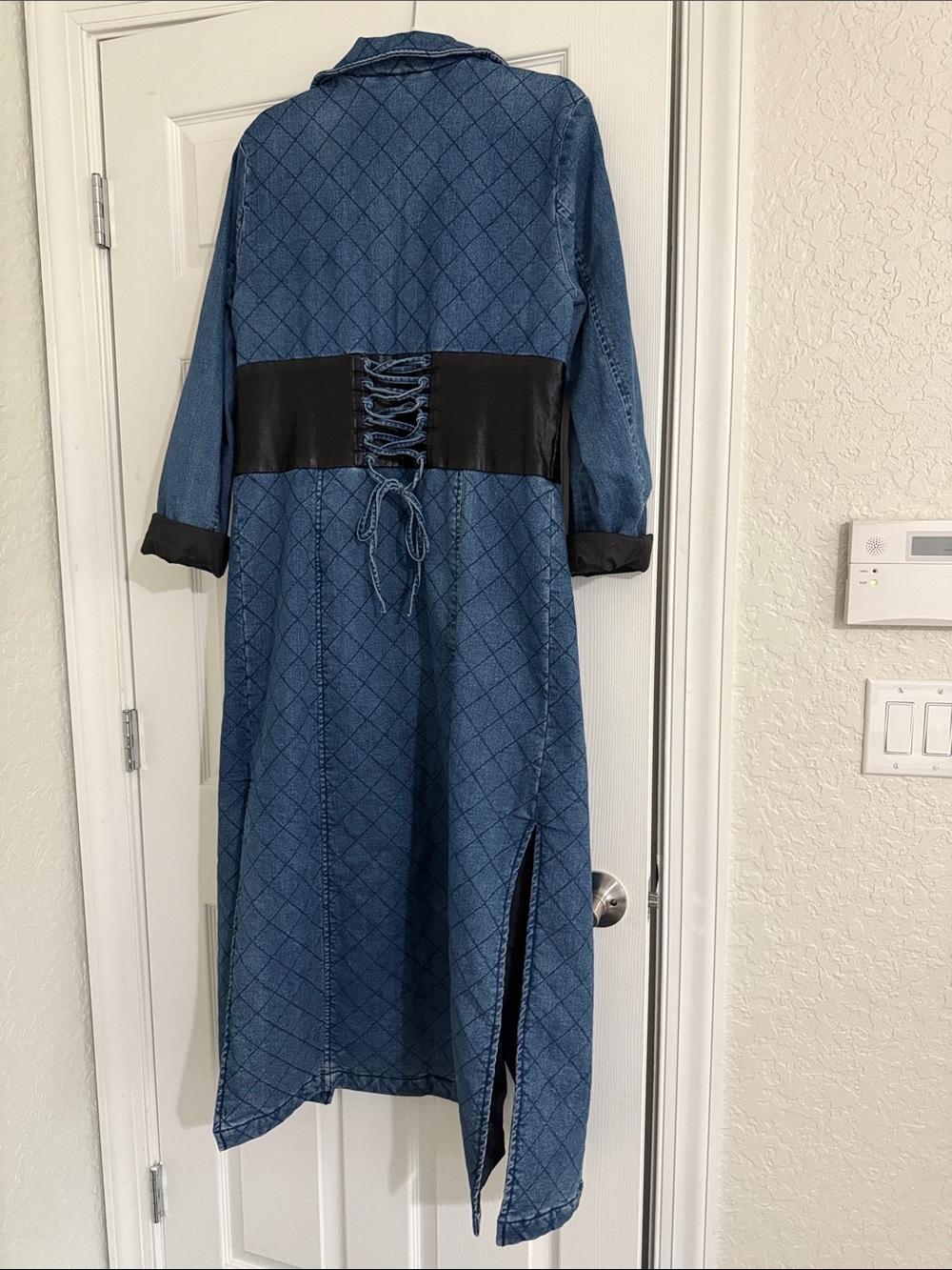 VENUS Blue Quilted Denim Trench Coat with Corset Black Waist Panel - Picture 5 of 8